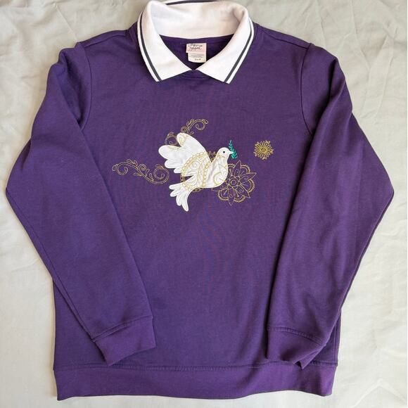 VNTG Adrian Delafield Purple, Holiday Dove, Embroidered, Collared Sweatshirt- M - Picture 1 of 10